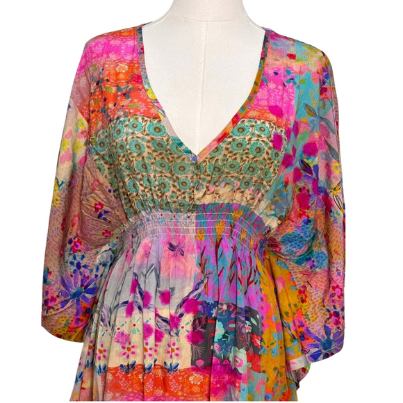 Natural Life NWT Pink Watercolor Patchwork Sanibel Kaftan Mini Dress Small - Picture 2 of 8